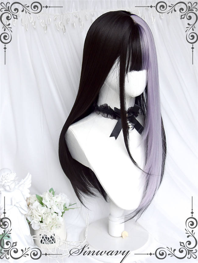 Black Purple Long Straight Lolita Wig