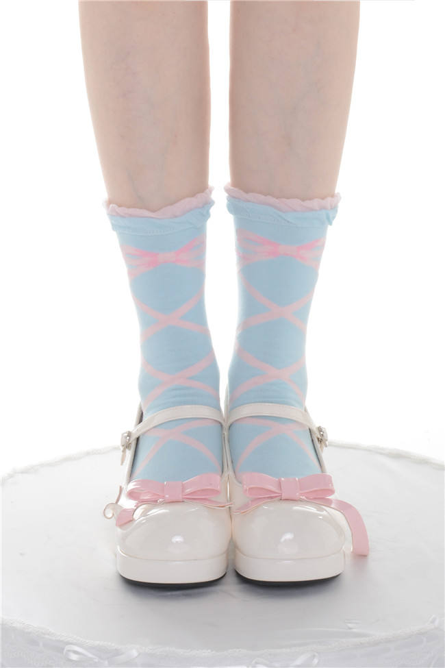 Roji Cross Ribbon Print Cotton Lolita Socks