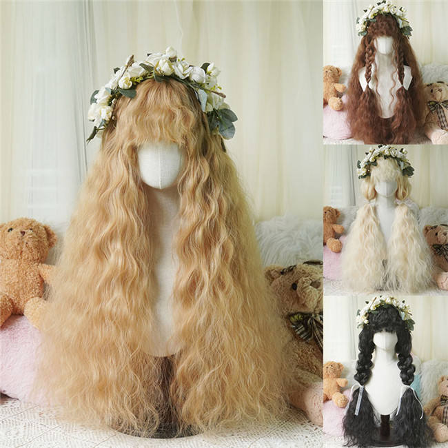 Yuchashui Curly Bang Long Curls Princess Wig 80cm