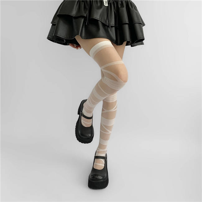 White and Black Thin  Above Knee Silk Socks