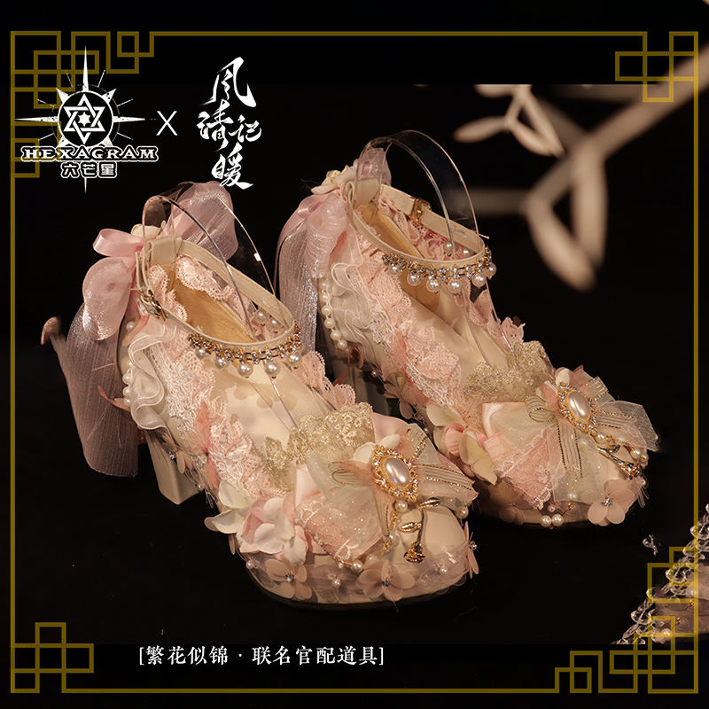 Hexagram Pink Lace Bow Lolita Heels Shoes