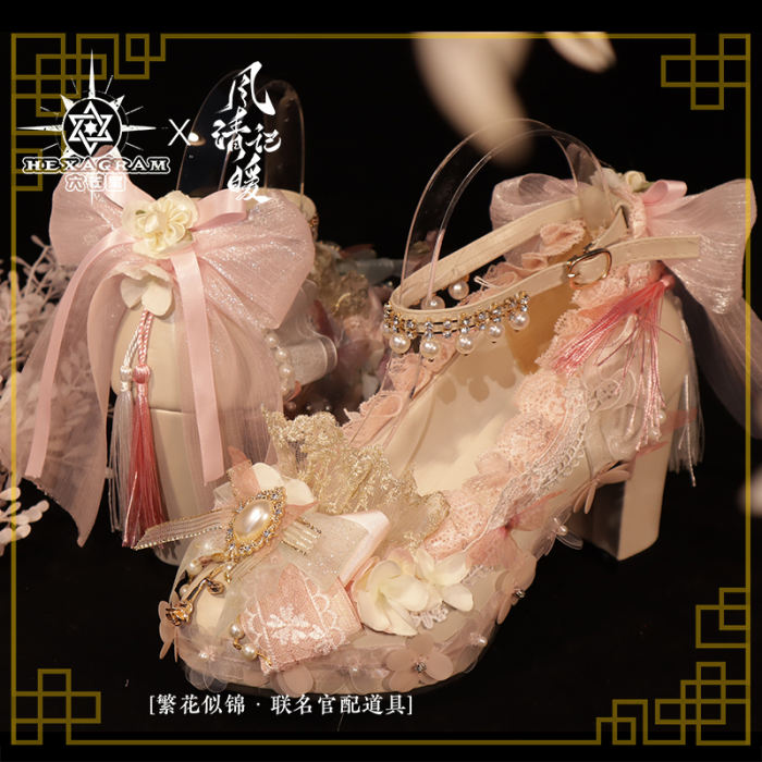 Hexagram Pink Lace Bow Lolita Heels Shoes
