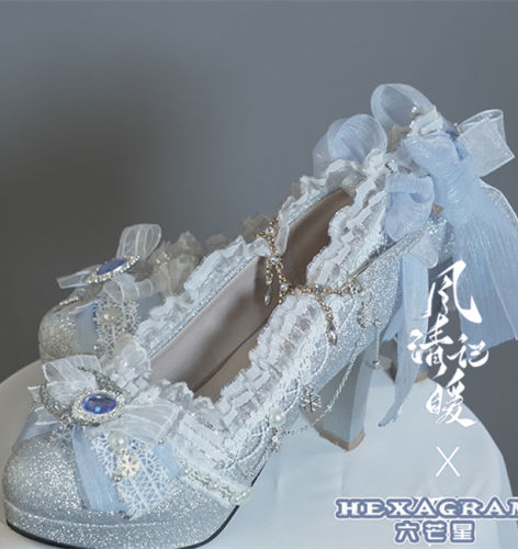 Hexagram Fine Flash Silver Blue Heels Shoes