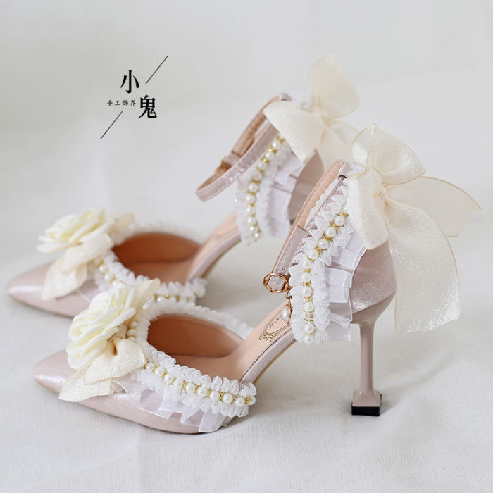 Beige Camellia Lolita Heels Shoes