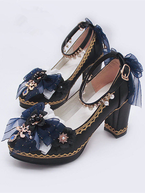 Lace Bow Women Chunky Heels Shoes