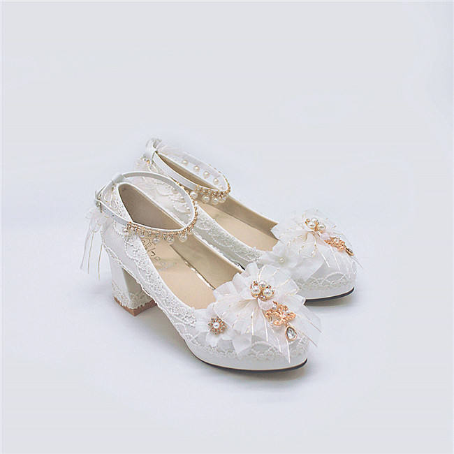 Lace Bow Women Chunky Heels Shoes