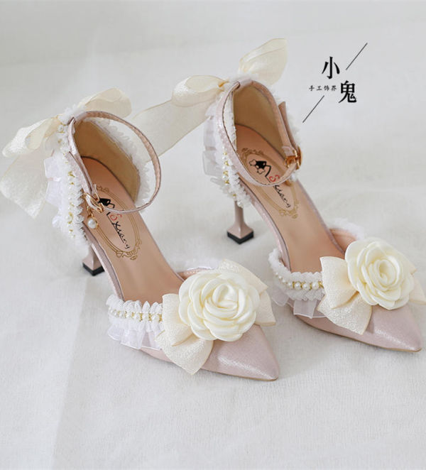 Beige Camellia Lolita Heels Shoes