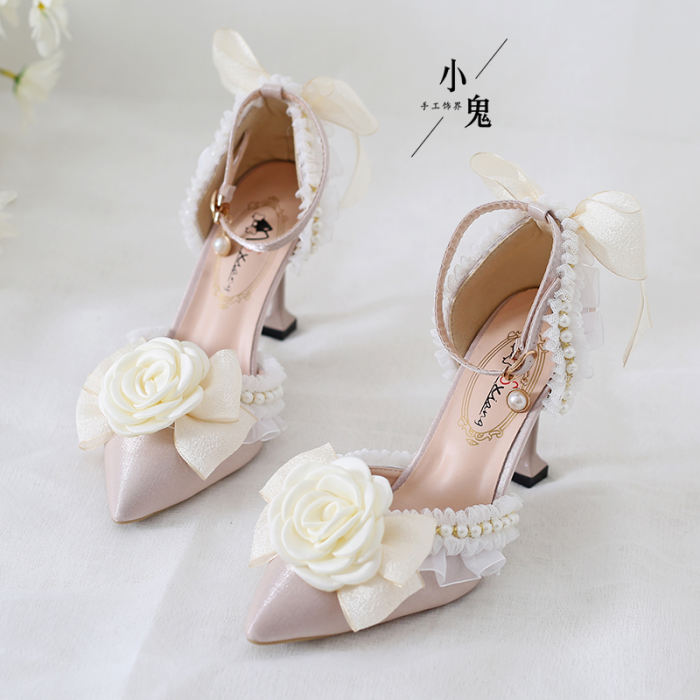 Beige Camellia Lolita Heels Shoes