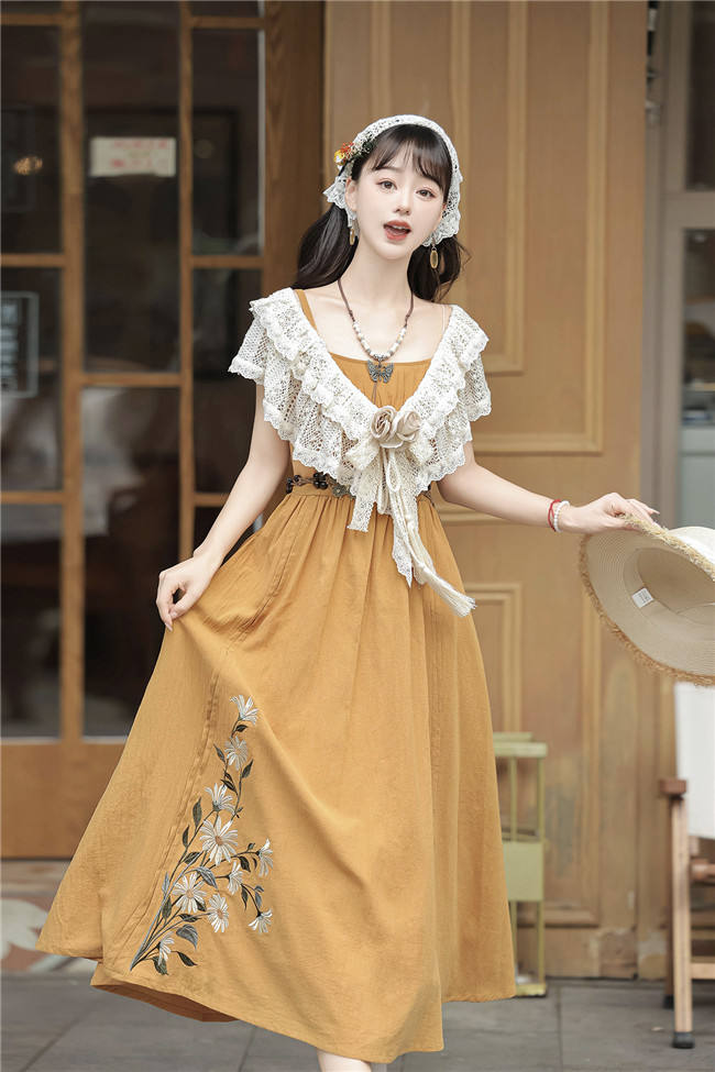 Daisy Embroidery Han Style Jumper Dress and Lace Tippet