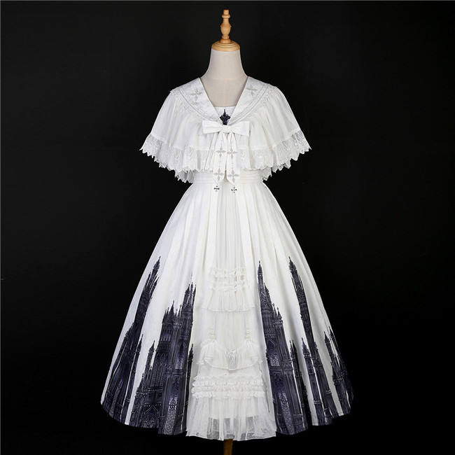 Church and Cross Print Lolita Jumper Dress and Cape