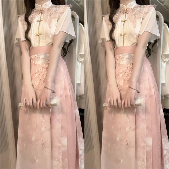 Sakura Print Chinese Hanfu Horse Face Skirt Set