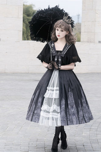 Church and Cross Print Lolita Jumper Dress and Cape