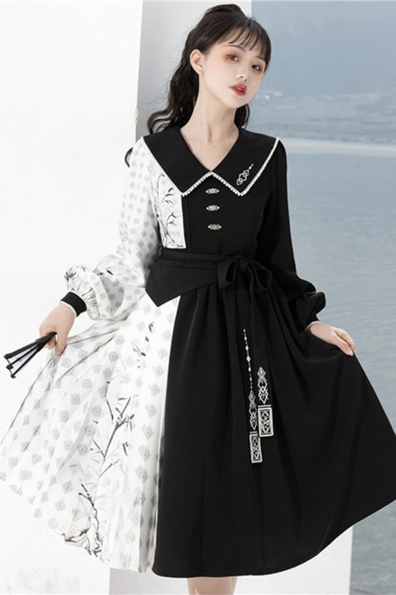 Bamboo Print Black White Han Style Lolita Dress