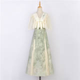 Green Grape Print Hanfu Jumper Dress and Tippet