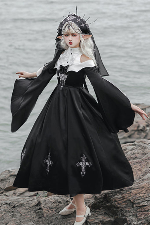 Night Cross Nun Lolita Dress, Cape, Hat and Necklace