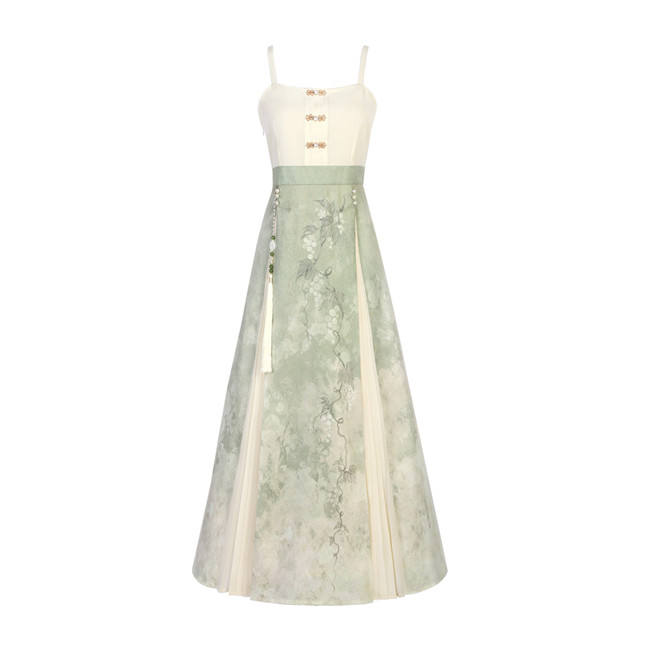 Green Grape Print Hanfu Jumper Dress and Tippet