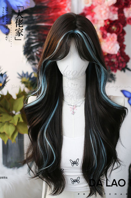 Dalao Home Eight-figure Fringe Blue Highlight Long Curly Wig