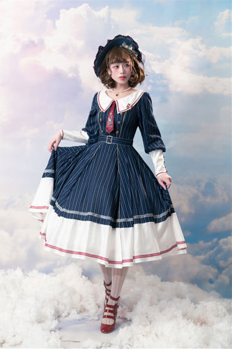 Rabbit Teeth Santorini Stripe Lolita Dress and Hat