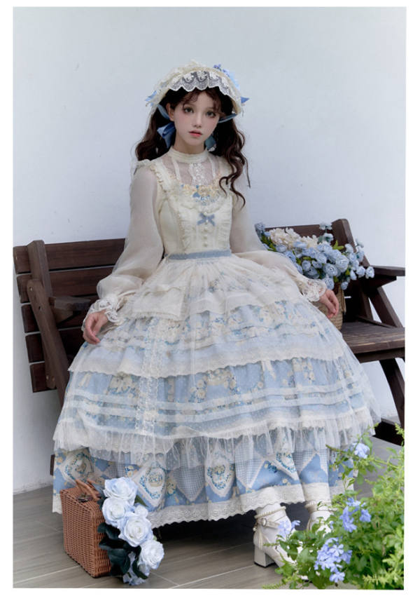 Withpuji Daisies and Flower Baskets Print Country Lolita Dress, Shawl and Blouse