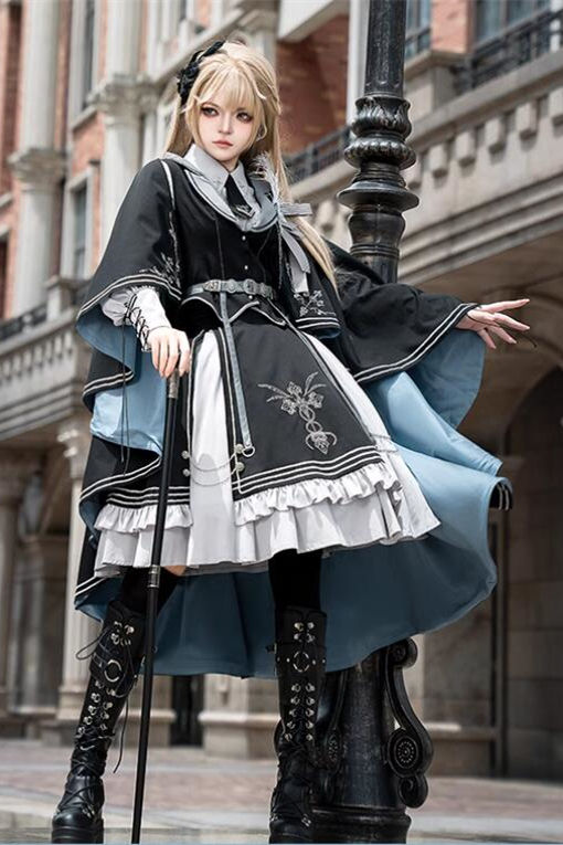 Dark Contract Blue Military Lolita Vest, Blouse, Skirt, Cape and Feather Badge