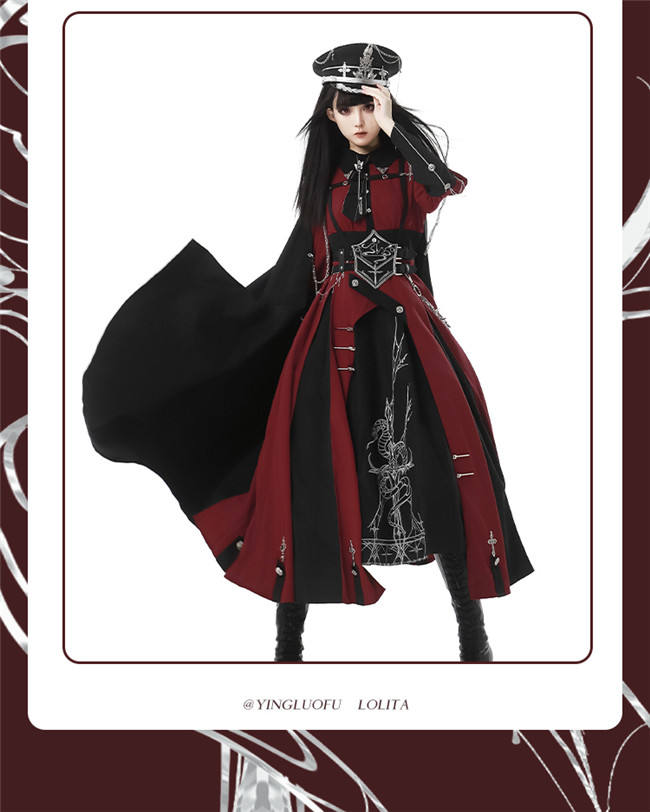 Ying Luo Fu Scarlet Knight Red Military Lolita Dress, Cape and Waist Belt