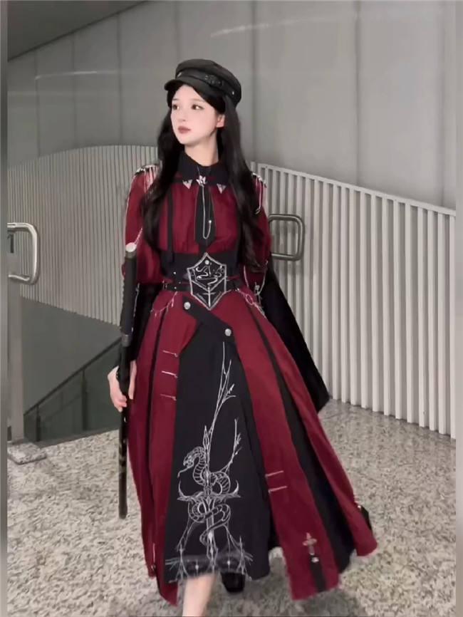 Ying Luo Fu Scarlet Knight Red Military Lolita Dress, Cape and Waist Belt