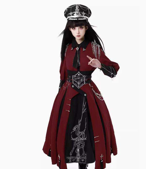 Ying Luo Fu Scarlet Knight Red Military Lolita Dress, Cape and Waist Belt