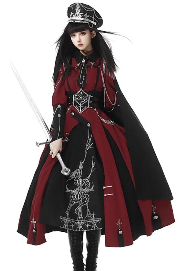 Ying Luo Fu Scarlet Knight Red Military Lolita Dress, Cape and Waist Belt