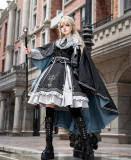 Dark Contract Blue Military Lolita Vest, Blouse, Skirt, Cape and Feather Badge