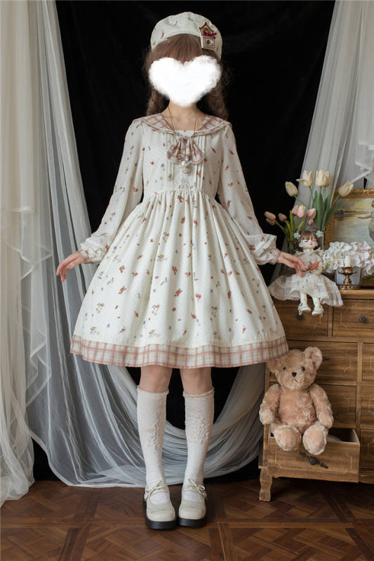 Miss Point Flowers and Strawberry Print Sailor Collar Lolita OP Dress