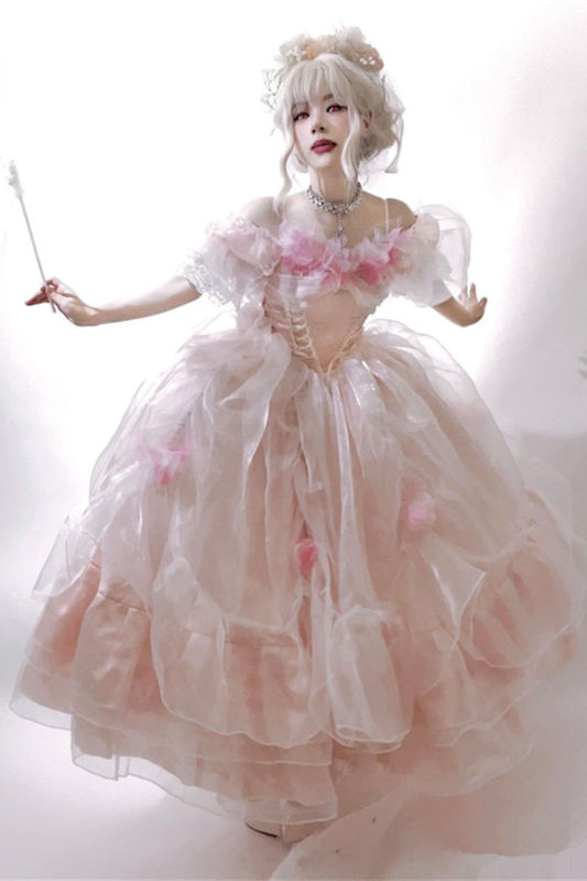 Plus Size Pink Wedding Dress Long Formal Lolita Dress