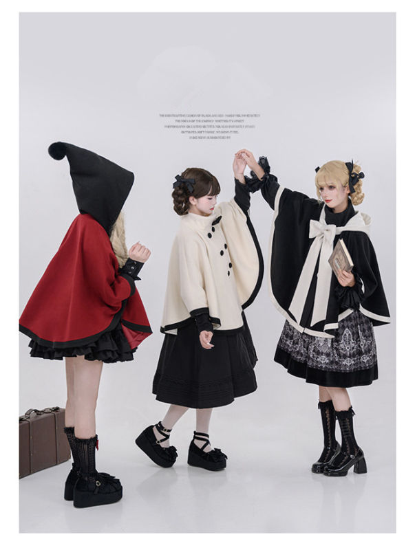 Black and White Camellias Winter Lolita Cape Coat