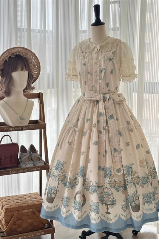 Dream Whale Flower Bird Lolita Jumper Dress and Headband