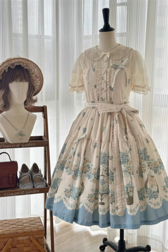 Dream Whale Flower Bird Lolita Jumper Dress and Headband