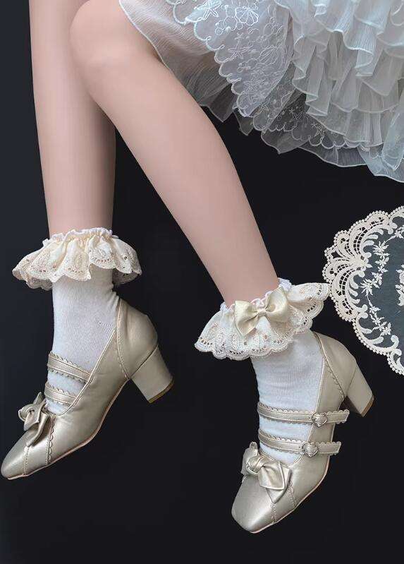Champagne Gold Lace Trim Cotton Lolita Socks