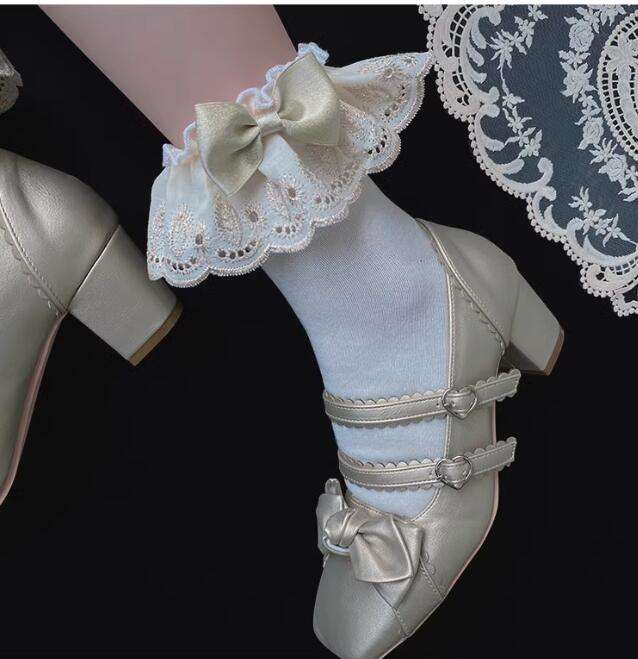 Champagne Gold Lace Trim Cotton Lolita Socks