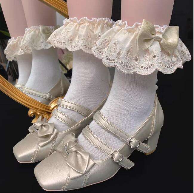 Champagne Gold Lace Trim Cotton Lolita Socks