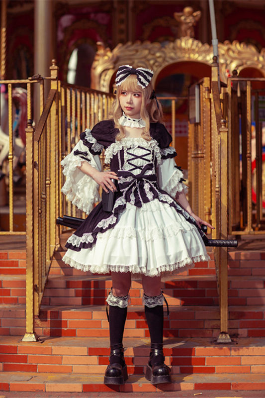 Infanta Black White Doll Lolita Dress, Set-in Sleeves and Headdress