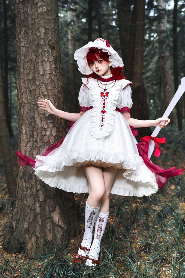 Puppet Heart Cotton Gothic Lolita Dress, Fake Collar, Sleeves, Bonnet and Necklace