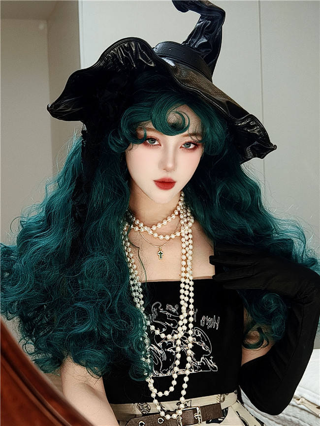 Green Witch Halloween Long Curly Lolita Wig