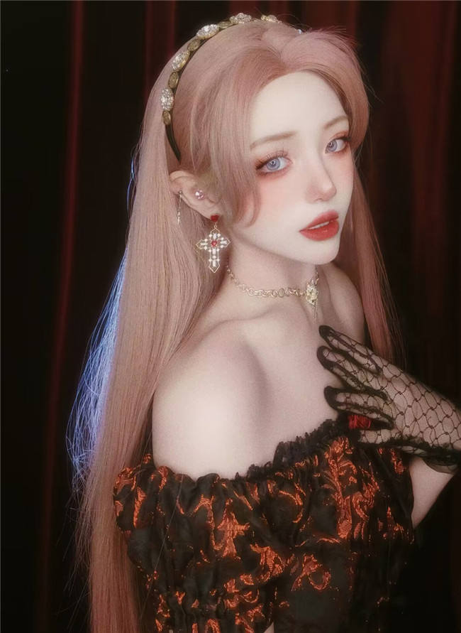 Rose Lover Orange Pink Middle Split Long Straight Lolita Wig