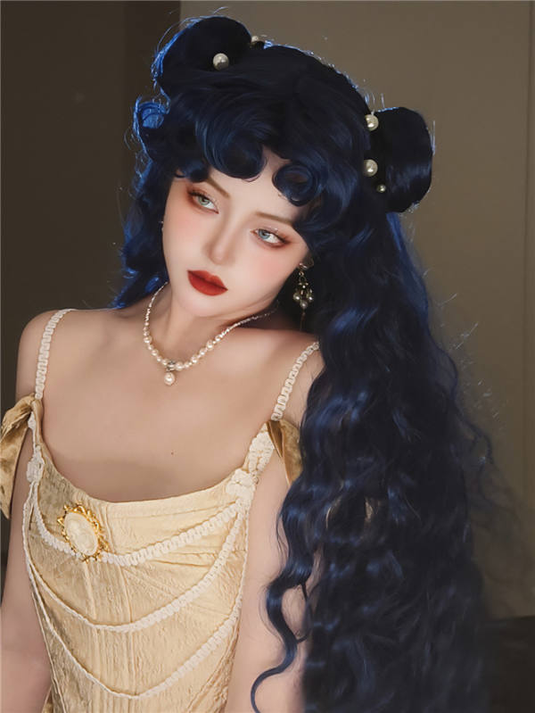 lolita haze blue long curly wig  yv30719