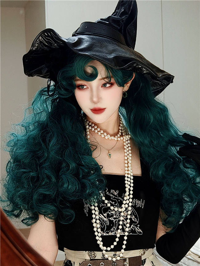 Green Witch Halloween Long Curly Lolita Wig