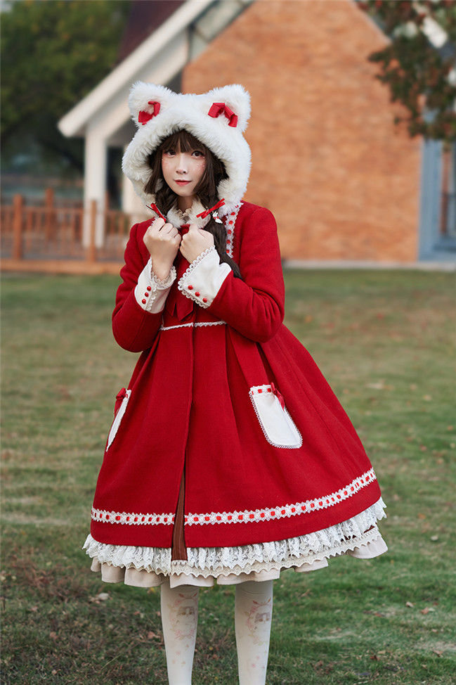 Lolita Teddy Bear Christmas Festive Red White Winter Jacket & Strap Dress Two Piece Set