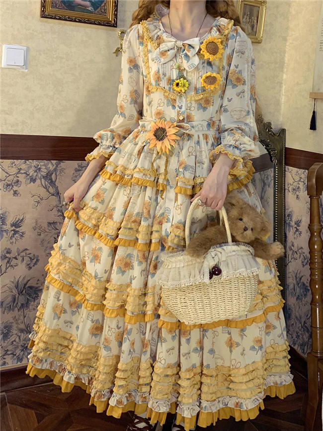 Miss Point Garden Sunflower Tiered Skirt Lolita One Piece Dress