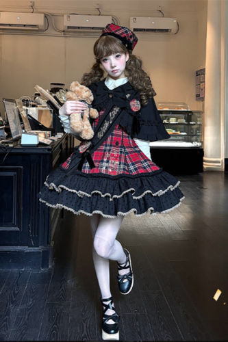 Sweet Tea Bear Plaid Lolita Dress, Cape, Hat and Ribbon