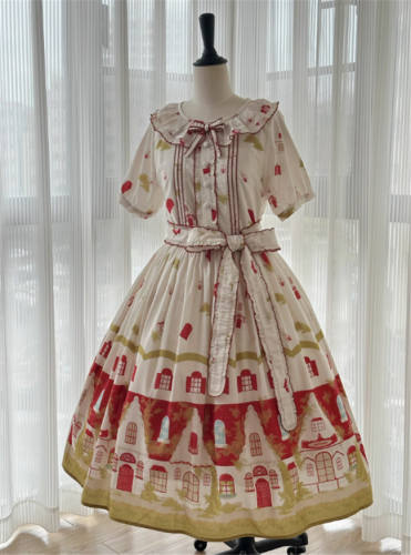 Red House Print Lolita Dress and Headband