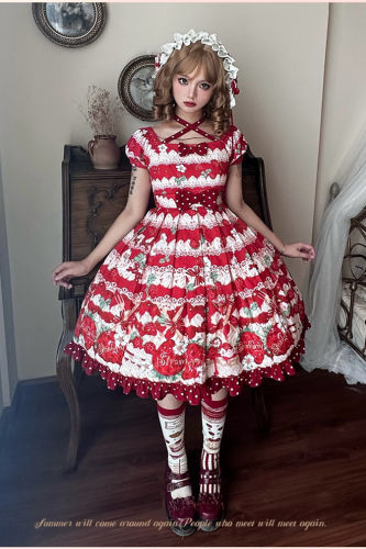Cream Strawberry Sweet Lolita Dress and Side Clip