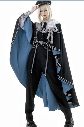 Dark Contract Blue Military Lolita Vest, Blouse, Trousers, Cape and Badge