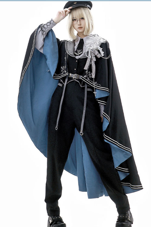 Dark Contract Blue Military Lolita Vest, Blouse, Trousers, Cape and Badge